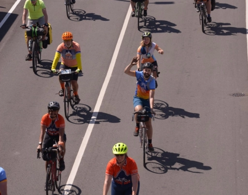Nikki leading the way off the ferry as the team arrive back in Seattle having completed their Olympic Peninsula cycle with MS.