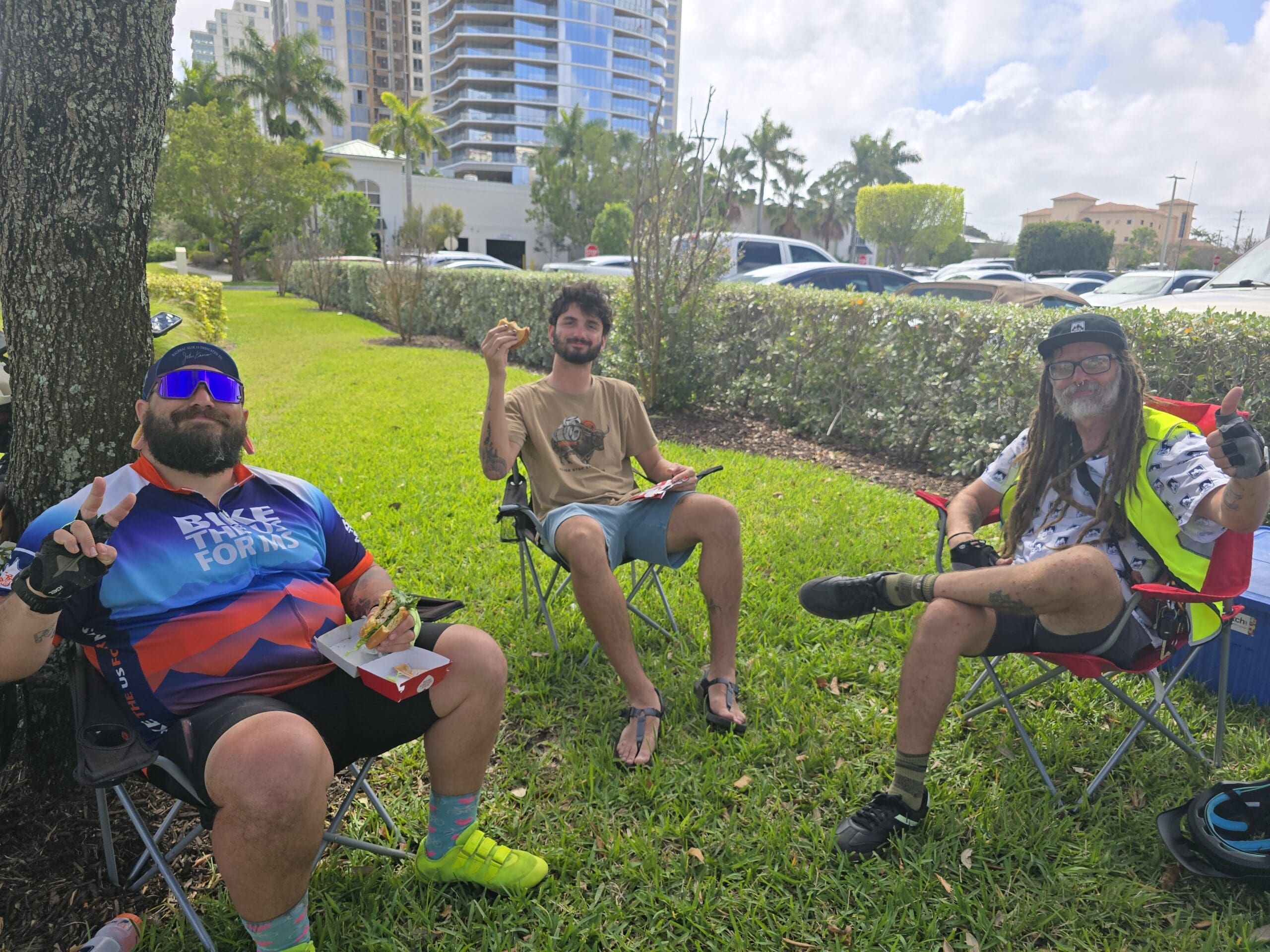 A quieter moment on the road with some of the expert alumni route leaders who helped guide the team safely south on the Florida Coast and Keys route.